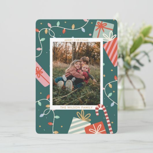 クリスマスカラフルライトファミリーフォトホリデー シーズンカード (スタンド正面)