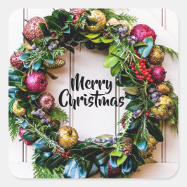 クリスマスカラフルリースホリデーカードシール スクエアシール