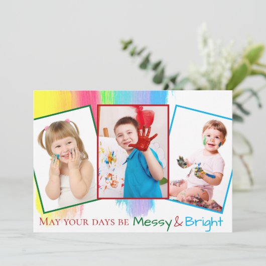 クリスマスカラフル家族の写真かわいい散らかった明るい シーズンカード (スタンド正面)