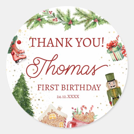 クリスマスカラフル1歳の誕生日 ラウンドシール (正面)