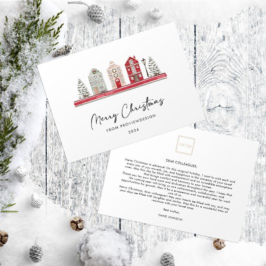 クリスマスカラーの可愛い家ノンフォトビジネス シーズンカード