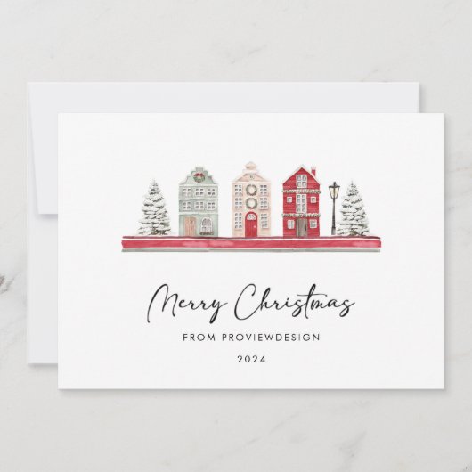 クリスマスカラーの可愛い家フォトビジネス シーズンカード (正面)