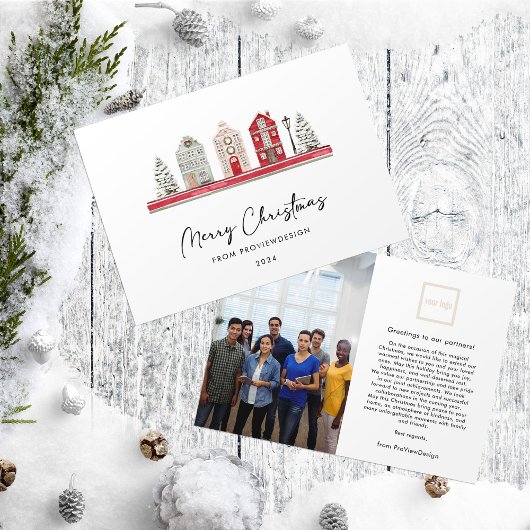 クリスマスカラーの可愛い家フォトビジネス シーズンカード