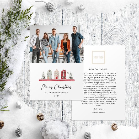 クリスマスカラーの可愛い家フォトビジネス シーズンカード