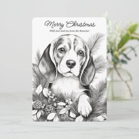 クリスマスカラーを楽しめるかわいいビーグル犬 シーズンカード (スタンド正面)