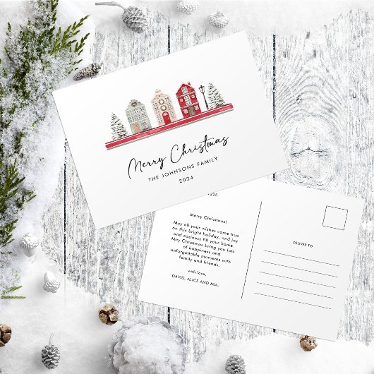 クリスマスカラー伝統的のかわいい家 ポストカード