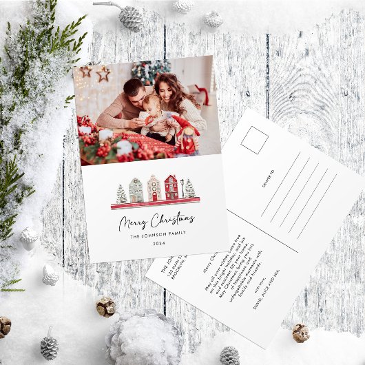 クリスマスカラー伝統的の可愛い家の写真 ポストカード