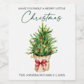 クリスマスカリグラフィーインク水彩松 赤いリボン ワインラベル (シングルラベル)