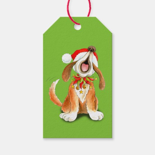 クリスマスカロル歌う犬の緑のギフトラベル ギフトタグ (正面)