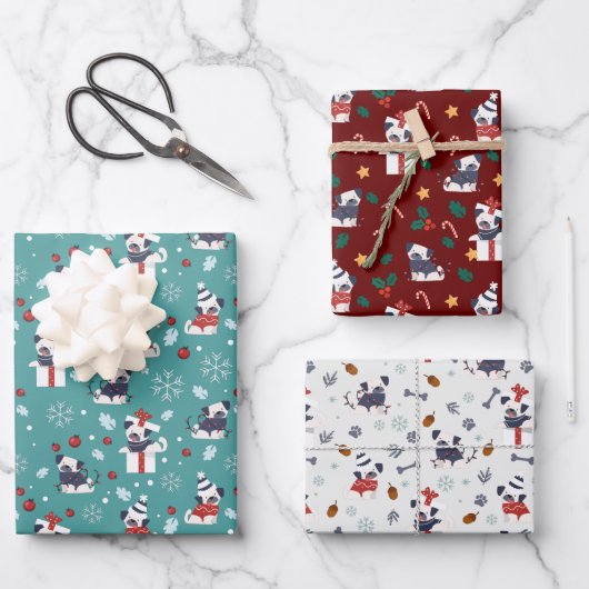 クリスマスカワイトパグドッグフェスティバル3色 ラッピングペーパーシート (正面)