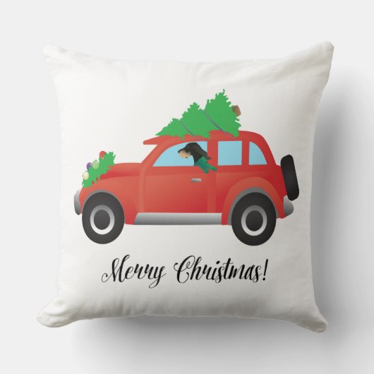 クリスマスカーを運転するブラックとタンのコンハウンド クッション (正面)