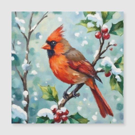 クリスマスカーディナルがホーリーの枝に止まって (正面)