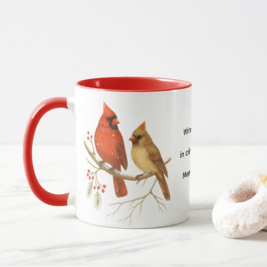 クリスマスカーディナル鳥 ホリデー野生動物 マグカップ (ドーナツ)