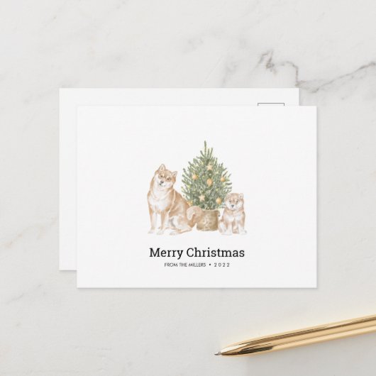 クリスマスカードと柴犬ドッグファミリー ポストカード (正面/裏面インサイチュ)