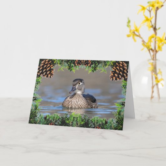 クリスマスカードに登場するウッドアヒル カード (黄色い花)