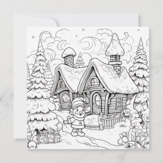 クリスマスカードのぬりえ キッズエルフの村の雪景色 シーズンカード (正面)