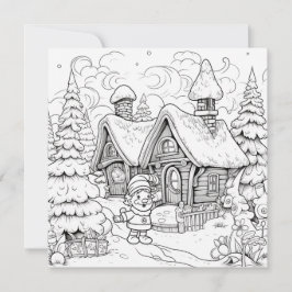 クリスマスカードのぬりえ キッズエルフの村の雪景色 シーズンカード