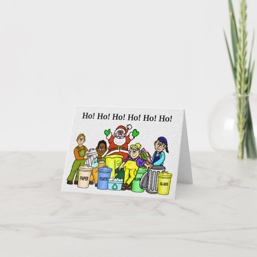クリスマスカードのサンタとゴミの男性のリサイクル カード (正面)