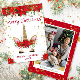 クリスマスカードのポインセチアユニコーンの赤い写真 招待状