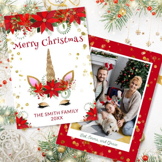 クリスマスカードのポインセチアユニコーンの赤い写真 招待状