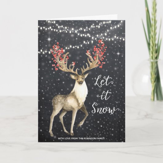クリスマスカードの休日の冬のシカの雪ライト シーズンカード (正面)