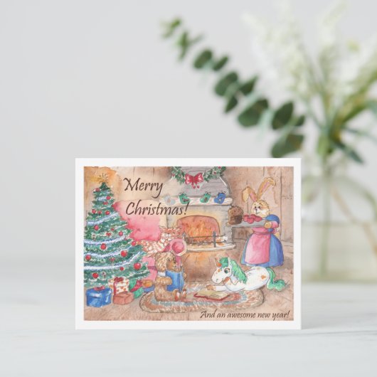 クリスマスカードの暖炉の家族ファンタジー シーズンポストカード (スタンド正面)