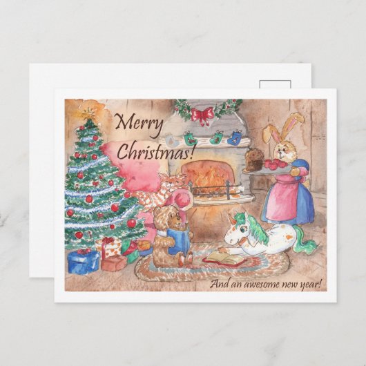 クリスマスカードの暖炉の家族ファンタジー シーズンポストカード (正面/裏面)