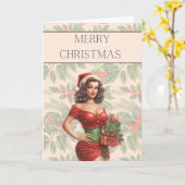 クリスマスカードピンナップブルネットとギフト カード (黄色い花)