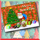 クリスマスカードメリー- Santa Day カード<br><div class="desc">クリスマスツリーの下にサンタクロースのイメージ、小妖精や小人、ギフトの束と一緒にシーズンを送信するクリスマスカードの準備ができている。前面文字は取り外せないが、「サンタメリーデイ」イメージは取り外し、交換、またはフォントとフォントの色が変更される。►カードのサイズは3種類（ここに示す5x7インチ）である。封筒はオプション。►写真やロゴを使用して内側の上にパーソナライズし、この順序で各カードにの文字を使用して内側の下にパーソナライズします離れか、カスタム個々の受信者に個人のノートを作成します書。個別またはセットで割引で利用可能。メリークリスマス!</div>