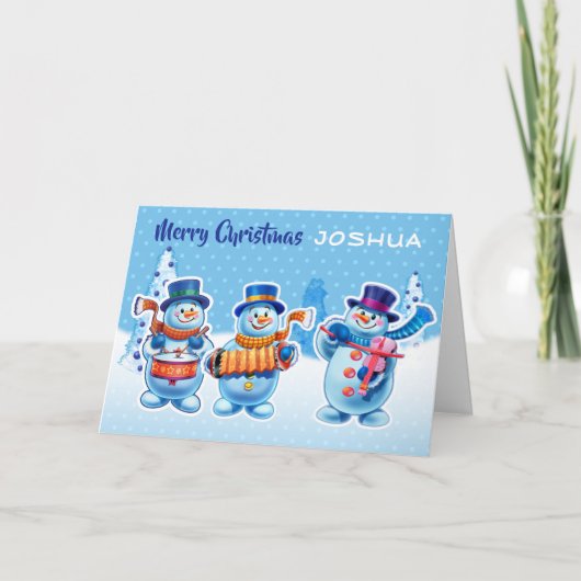 クリスマスカード名前をカスタムする雪だるまミュージシャン カード (正面)