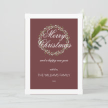 クリスマスカード水彩リースバーガンディーレッド