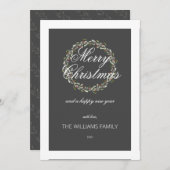 クリスマスカード水色リース木炭グレー (正面/裏面)