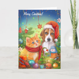 クリスマスカード。かわいい猫と犬。動物おもしろい類 カード
