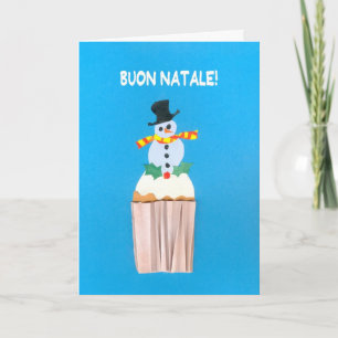 クリスマスカード、イタリア語、雪だるまが付いているカップケーキ シーズンカード