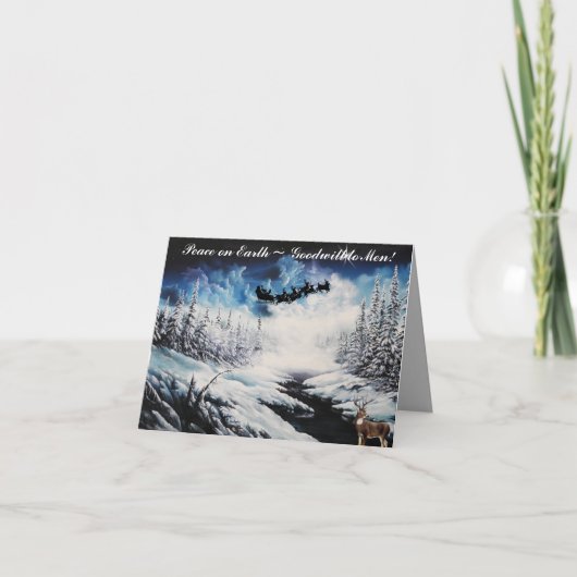 クリスマスカード、シカおよびサンタクロースの飛行 シーズンカード (正面)