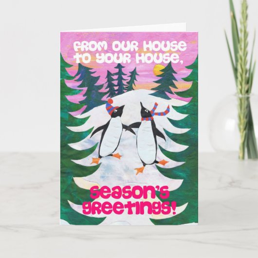 クリスマスカード – スケートで滑るペンギン (正面)