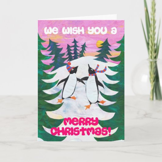 クリスマスカード – スケートで滑るペンギン (正面)