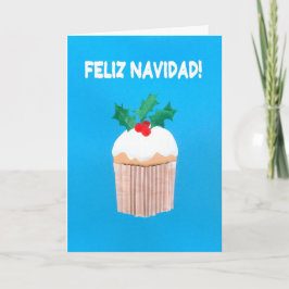 クリスマスカード、スペイン語、ヒイラギが付いているカップケーキ シーズンカード
