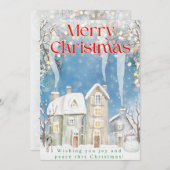 クリスマスカード - タウン デザイン、雪だるま、ライト (正面/裏面)