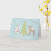 クリスマスカード 動物たちが木を飾る カード (黄色い花)