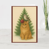 クリスマスカード — 木の下の猫と鳥 カード (正面)