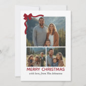 クリスマスカード - 赤いリボン、4枚の写真、パーソナライズ サンキューカード (正面)
