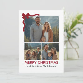 クリスマスカード - 赤いリボン、4枚の写真、パーソナライズ サンキューカード