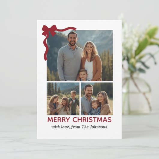 クリスマスカード - 赤いリボン、4枚の写真、パーソナライズ サンキューカード (スタンド正面)