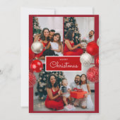 クリスマスカード - 赤いリボン、4枚の写真、パーソナライズ サンキューカード (正面)