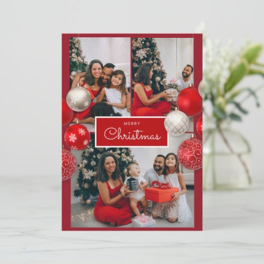 クリスマスカード - 赤いリボン、4枚の写真、パーソナライズ サンキューカード (スタンド正面)