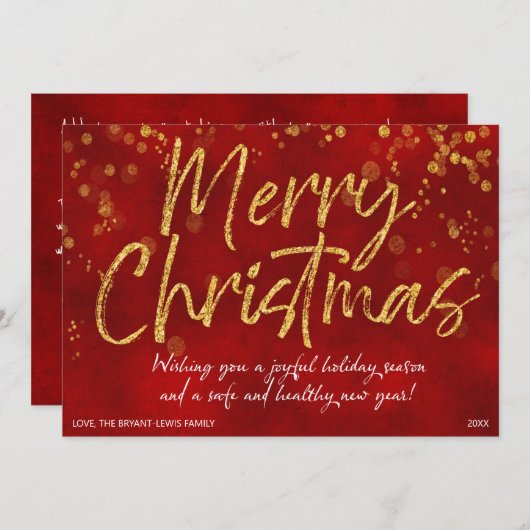 クリスマスカード | 赤い金ゴールドフォイルフェイクメッセージ (正面/裏面)