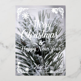 クリスマスカード、銀の中の松の葉詩 箔シーズンカード