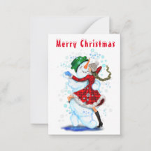 クリスマスカード 雪だるまと少女のダンス - 楽しい