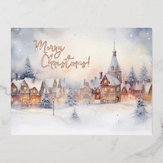 クリスマスカード、雪の冬の風景 箔シーズンポストカード
